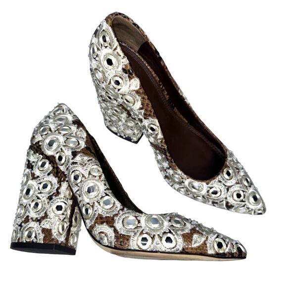 Tory Burch Francesca Roccia Embroidered Rhinestone Heels Silver/White Size 7.5M - Picture 1 of 8